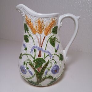Vintage Pitcher Cottagecore Handmade Ceramic Floral Farm Leafy Flowers Tea